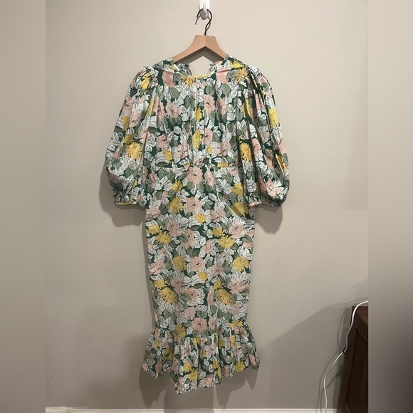 byTiMo Dandelion Floral Print Ruffle Cotton Puff Sleeve Midi Dress. - Picture 2 of 11